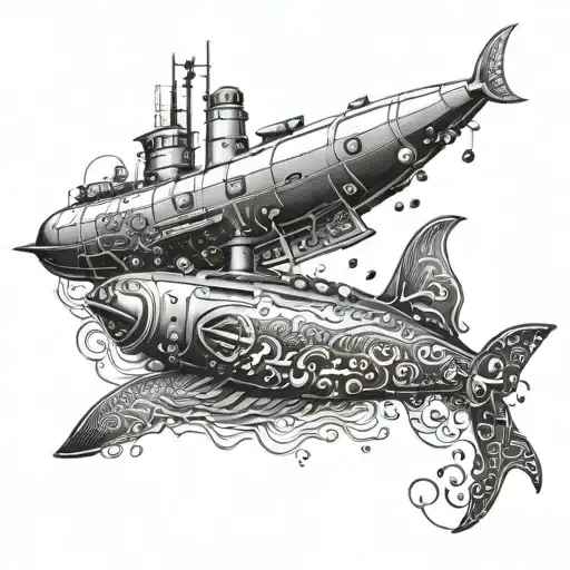 An intricate tattoo featuring a submarine surrounded by waves and sea creatures, reflecting the client's interest in submarines and the ocean tattoo design idea