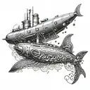 An intricate tattoo featuring a submarine surrounded by waves and sea creatures, reflecting the client's interest in submarines and the ocean tattoo design idea