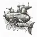 An intricate tattoo featuring a submarine surrounded by waves and sea creatures, reflecting the client's interest in submarines and the ocean tattoo design idea