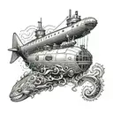 An intricate tattoo featuring a submarine surrounded by waves and sea creatures, reflecting the client's interest in submarines and the ocean tattoo design idea
