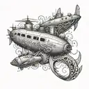 An intricate tattoo featuring a submarine surrounded by waves and sea creatures, reflecting the client's interest in submarines and the ocean tattoo design idea