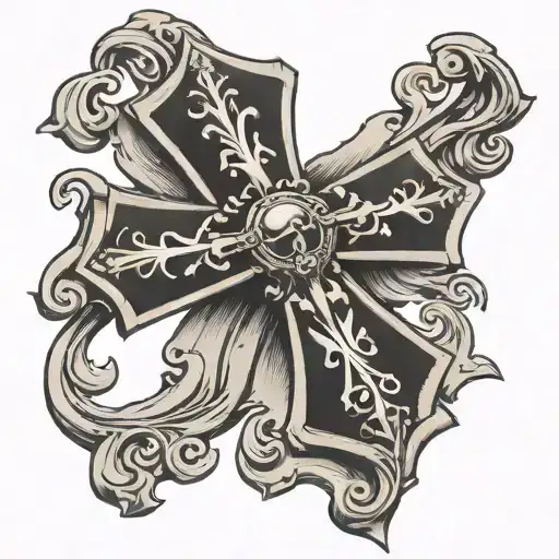 cross with bell in old english tattoo design idea