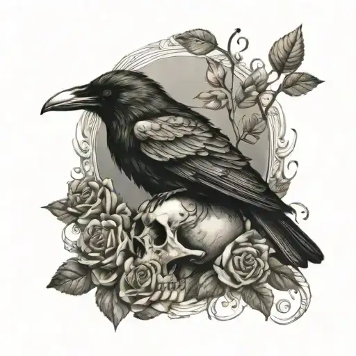 A dotwork tattoo of a raven perched on a skull with roses and music notes in the background tattoo design idea