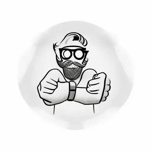 Vault boy with beard and glasses with his iconic thumbs up.  tattoo design idea