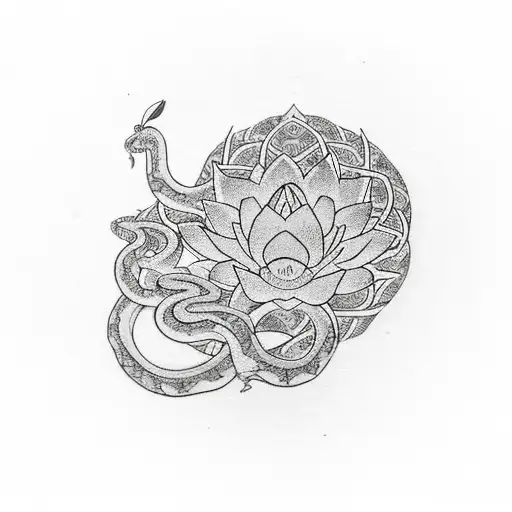 A delicate lotus flower growing out of a snake's mouth, symbolizing transformation and inner strength tattoo design idea