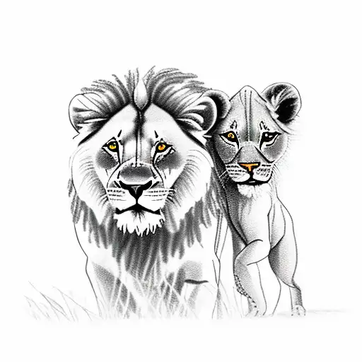 A family of a lion and a lioness with cubs in Gungal tattoo design idea