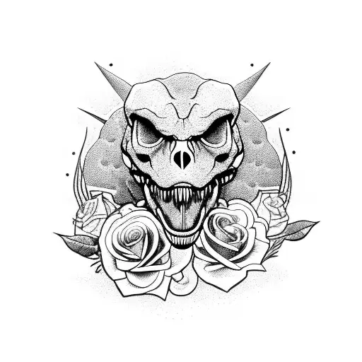 T-Rex skull entwined with a snake and surrounded by a bed of roses tattoo design idea