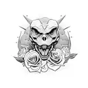 T-Rex skull entwined with a snake and surrounded by a bed of roses tattoo design idea