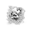 T-Rex skull entwined with a snake and surrounded by a bed of roses tattoo design idea