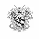 T-Rex skull entwined with a snake and surrounded by a bed of roses tattoo design idea