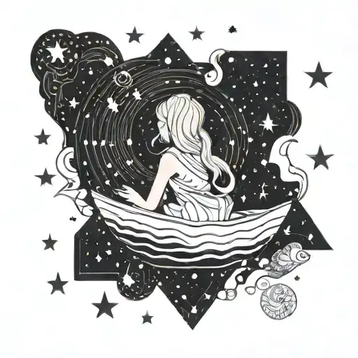 a blonde girl with two ponytails with her back turned is sailing the wavy sea in a walnut shell surrounded by stars and  tattoo design idea