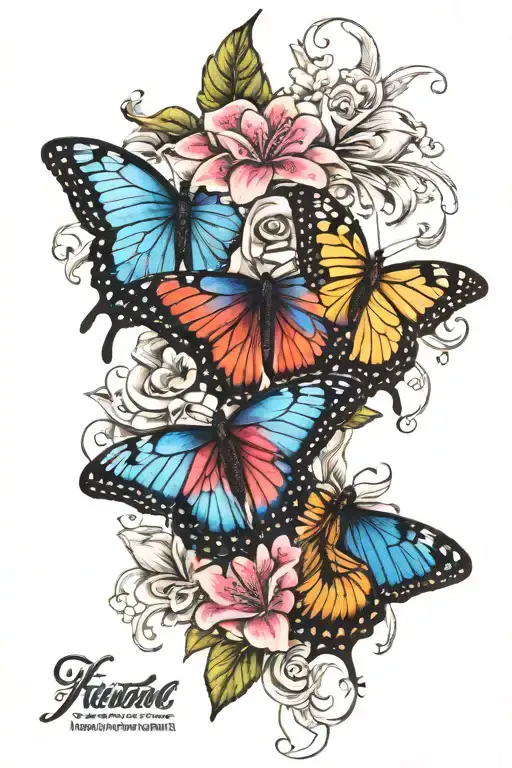3 blue MOrpho butterflies and 2 pink monarch butterflies on oriental lillies tattoo design idea