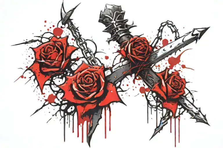 a broad sword with a rose on top and thorns running down it, and a chain wrapping around the sword with a cross shadow tattoo design idea