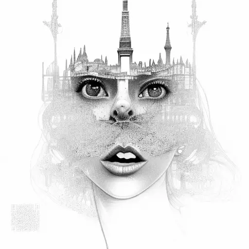 Girls portrait in the middle surrended by details such as Parisien Metro 4, eiffel tower, duomo from firenze tattoo design idea