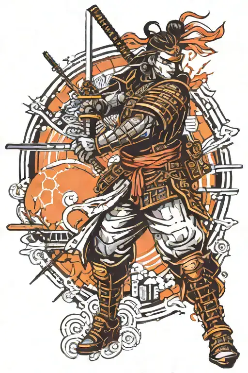 Create a tattoo design featuring a mix of traditional Japanese motifs and futuristic cyberpunk elements, centered around a samurai warrior wielding a laser katana. The background should include neon cityscapes and digital circuit patterns, blending the ancient and modern worlds. Use a combination of blackwork and dotwork to create intricate details and shading that give the design depth and dimension. tattoo design idea