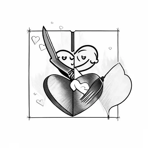 Cupid repairing a broken heart with a chef's knife and fork tattoo design idea