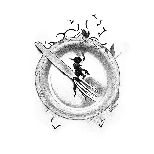 Cupid repairing a broken heart with a chef's knife and fork tattoo design idea