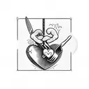 Cupid repairing a broken heart with a chef's knife and fork tattoo design idea