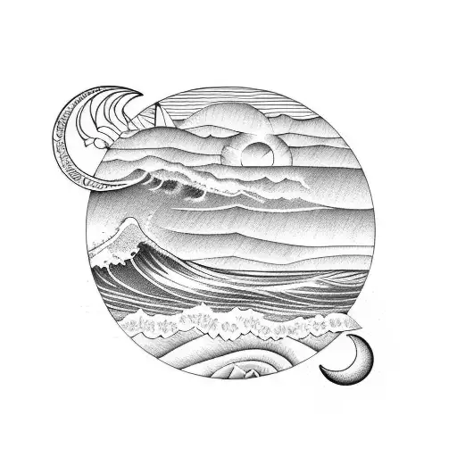 vertical line ocean wave, palm tree, sun, moon, shells tattoo design idea