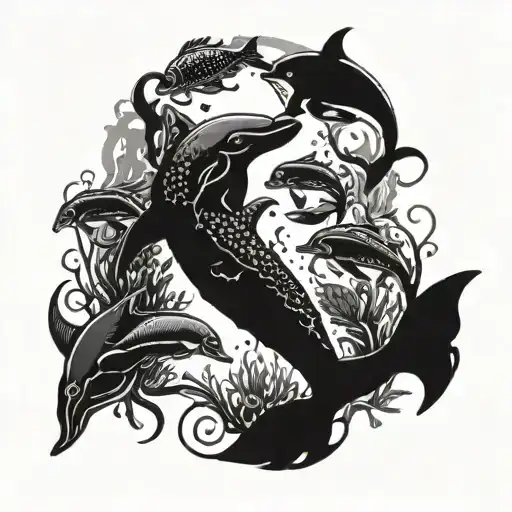 An artistic representation of an underwater world filled with various sea animals, including dolphins, lobsters, and sea horses tattoo design idea