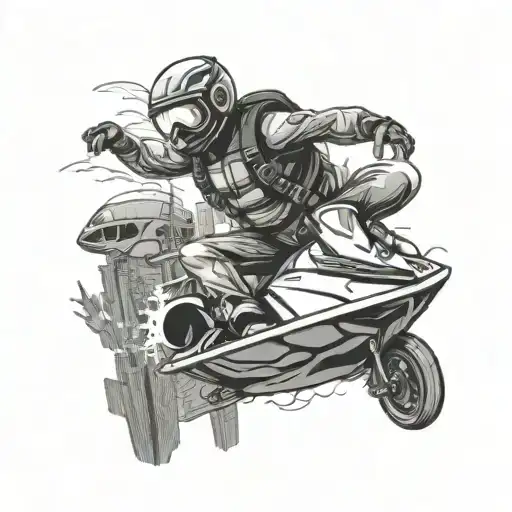An adrenaline junkie skydiving over Dubai's skyline with a jet ski below tattoo design idea