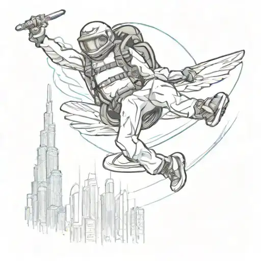 An adrenaline junkie skydiving over Dubai's skyline with a jet ski below tattoo design idea