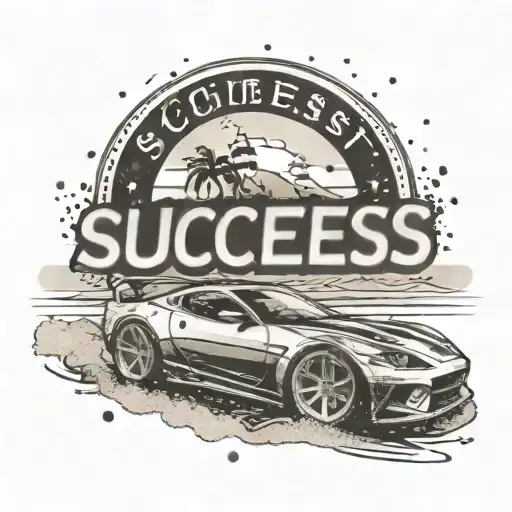 A sports car racing through a beach pass with the word 'success' in the background tattoo design idea