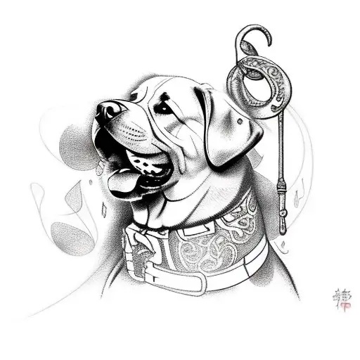 A tattoo design of a bold and confident dog with a lucky charm symbol and a musical staff tattoo design idea