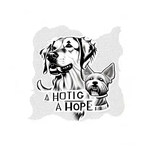 A tattoo design of a dog and a son silhouette with a banner saying 'hope' in a stylized font tattoo design idea