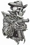 skeleton holding revolver with the barrel bent pointing towards him tattoo design idea