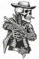 skeleton holding revolver with the barrel bent pointing towards him tattoo design idea