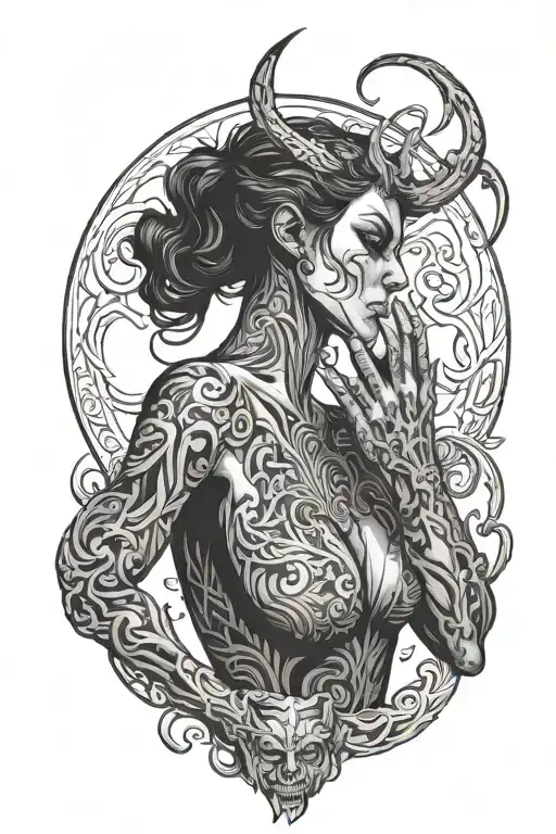 shadow demon standing behind a woman with his hand around her throat tattoo design idea