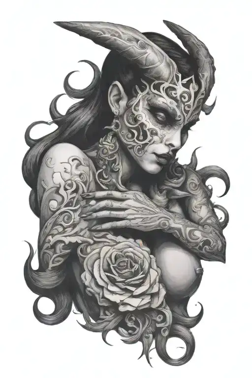 shadow demon standing behind a woman with his hand around her throat tattoo design idea