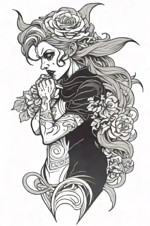 shadow demon standing behind witch woman with his hand around her throat tattoo design idea
