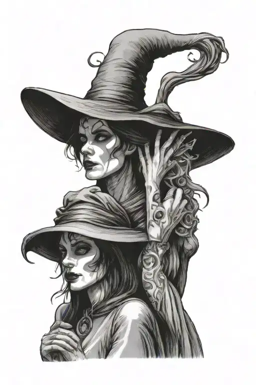 shadow man standing behind witch woman with his hand around her throat. tattoo design idea