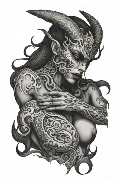 shadow demon standing behind a woman with his hand around her throat tattoo design idea