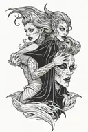 shadow demon standing behind witch woman with his hand around her throat tattoo design idea