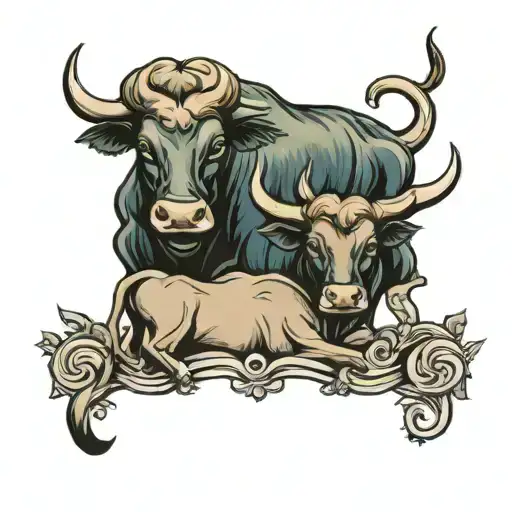 A traditional style tattoo of a bull and calf symbolizing the strong connection between a Taurus mother and son tattoo design idea