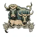 A traditional style tattoo of a bull and calf symbolizing the strong connection between a Taurus mother and son tattoo design idea