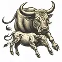 A traditional style tattoo of a bull and calf symbolizing the strong connection between a Taurus mother and son tattoo design idea