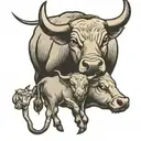 A traditional style tattoo of a bull and calf symbolizing the strong connection between a Taurus mother and son tattoo design idea