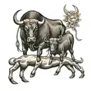 A traditional style tattoo of a bull and calf symbolizing the strong connection between a Taurus mother and son tattoo design idea