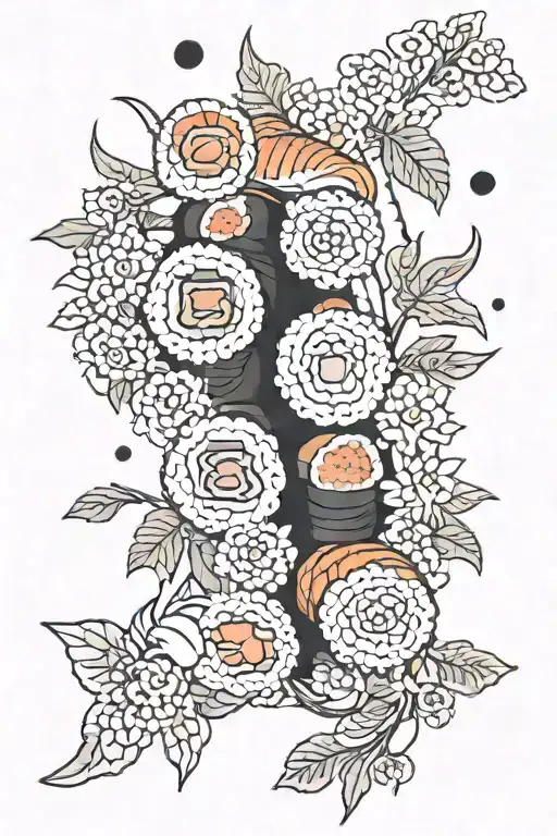 Sushi pieces with falling leaves and flowers tattoo design idea