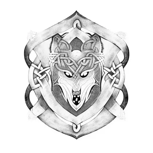 Celtic knotwork design incorporating elements of Irish warrior armor and weaponry (sword, axe) with a fierce wolf motif tattoo design idea