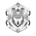 Celtic knotwork design incorporating elements of Irish warrior armor and weaponry (sword, axe) with a fierce wolf motif tattoo design idea