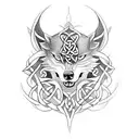Celtic knotwork design incorporating elements of Irish warrior armor and weaponry (sword, axe) with a fierce wolf motif tattoo design idea