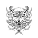 Celtic knotwork design incorporating elements of Irish warrior armor and weaponry (sword, axe) with a fierce wolf motif tattoo design idea