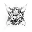 Celtic knotwork design incorporating elements of Irish warrior armor and weaponry (sword, axe) with a fierce wolf motif tattoo design idea