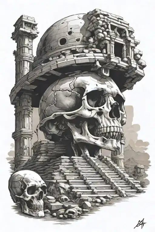 myan ruins temple with skull above it wearing old World War Two combat helmet. dark shade. black and white colors tattoo design idea