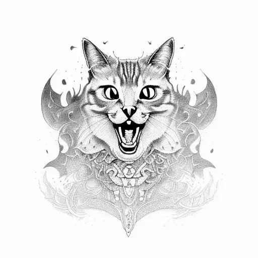 psychodelic open mouth evil dark cat tattoo design idea